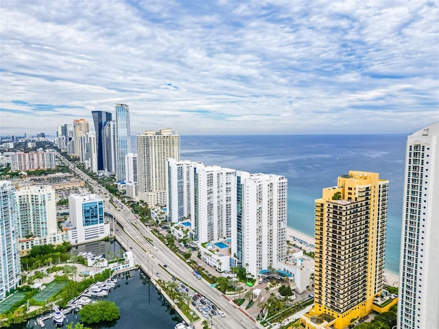 aerial view featuring a water view