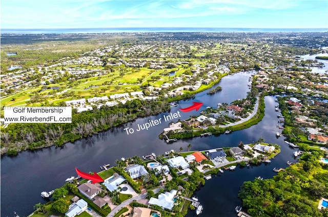 aerial view featuring a water view