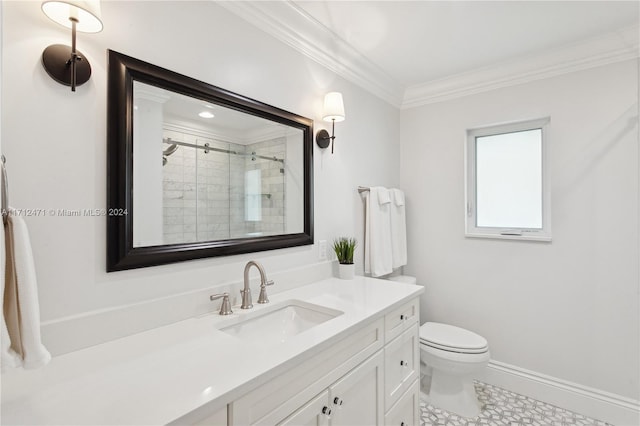 bathroom with crown molding, vanity, an enclosed shower, and toilet