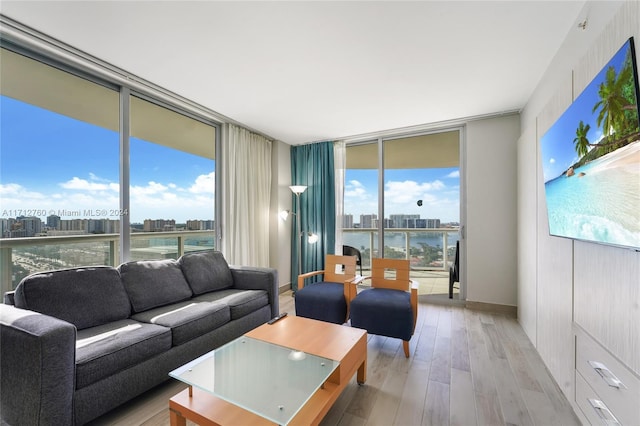 living room featuring light hardwood / wood-style flooring and expansive windows