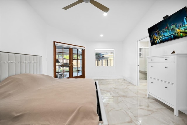 bedroom with access to exterior, french doors, ceiling fan, and lofted ceiling