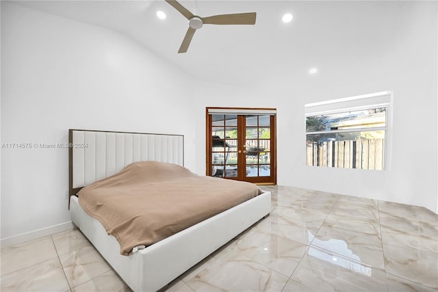 bedroom featuring access to outside, ceiling fan, french doors, and vaulted ceiling