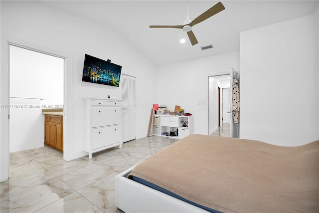 bedroom featuring ceiling fan and vaulted ceiling