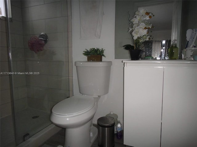 bathroom featuring a shower, vanity, and toilet