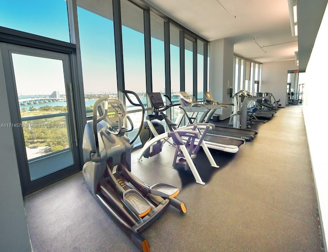 gym with expansive windows, a wealth of natural light, and a water view