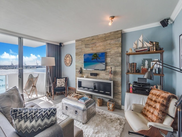 living area featuring carpet, baseboards, a wealth of natural light, and ornamental molding