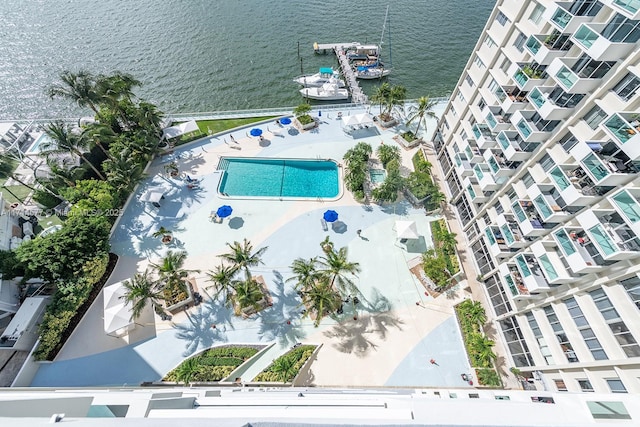 drone / aerial view featuring a water view