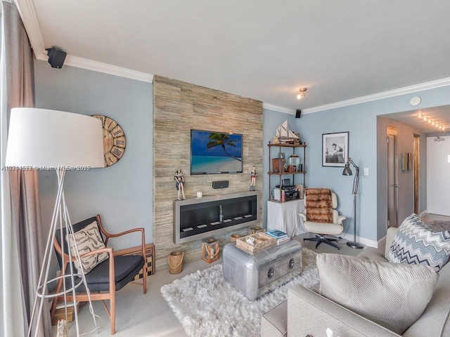 carpeted living room with a fireplace and crown molding