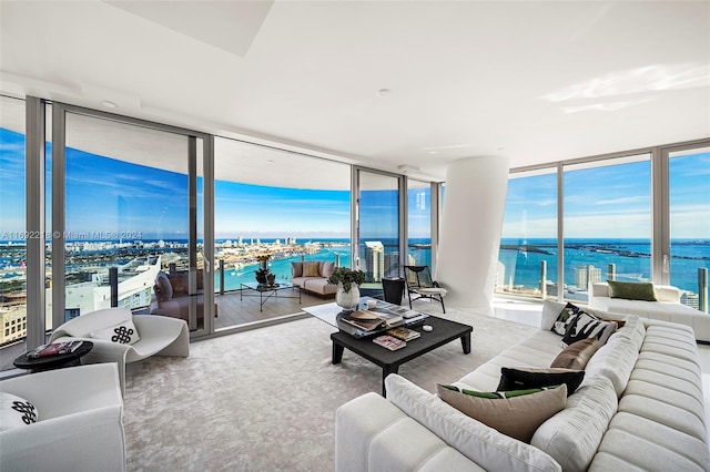 living room featuring a water view