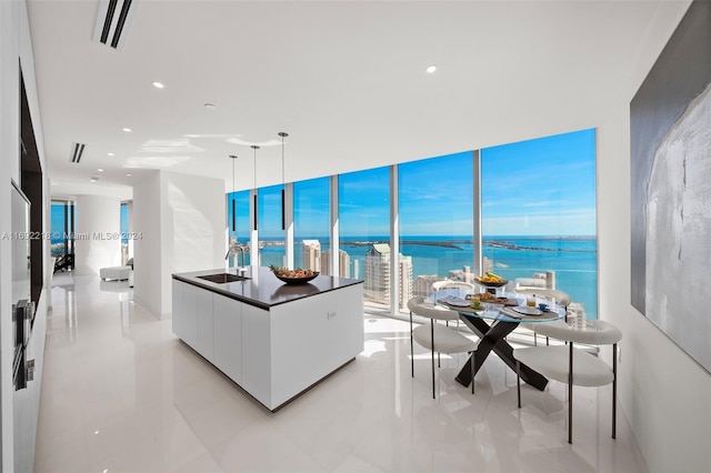 living room featuring sink and a water view