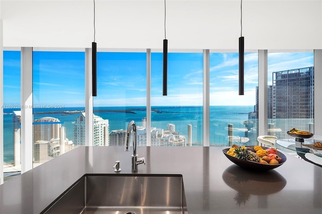 kitchen with a water view, sink, and a wealth of natural light