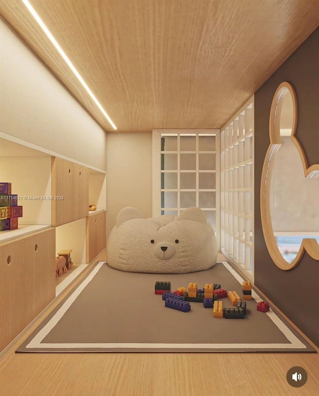 playroom with wooden ceiling