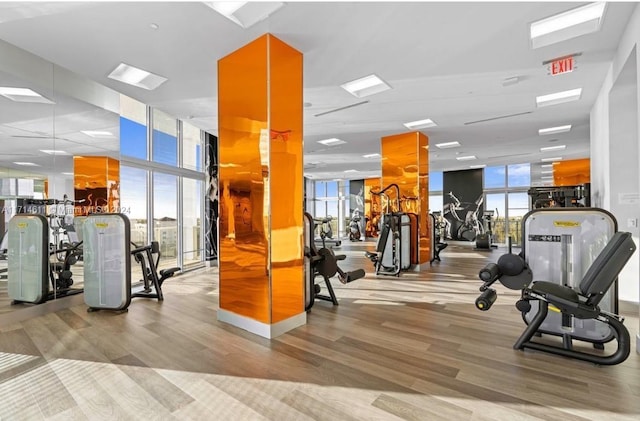 workout area featuring floor to ceiling windows and light wood-type flooring