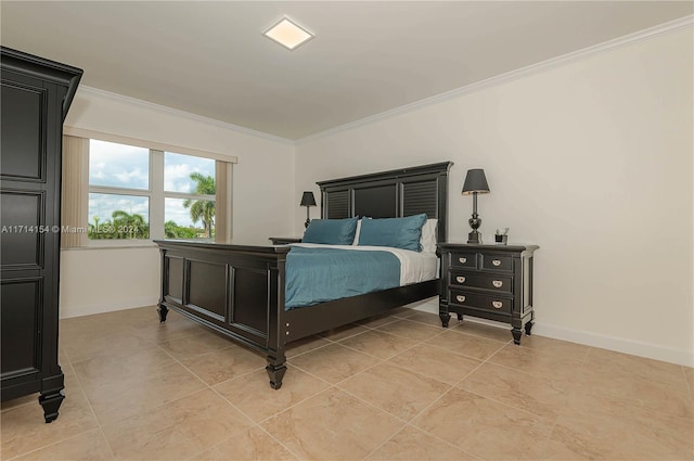 bedroom featuring light tile patterned floors and ornamental molding