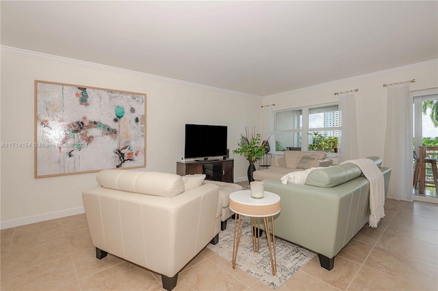 living room with plenty of natural light and ornamental molding