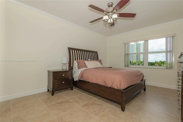 bedroom featuring ceiling fan and ornamental molding