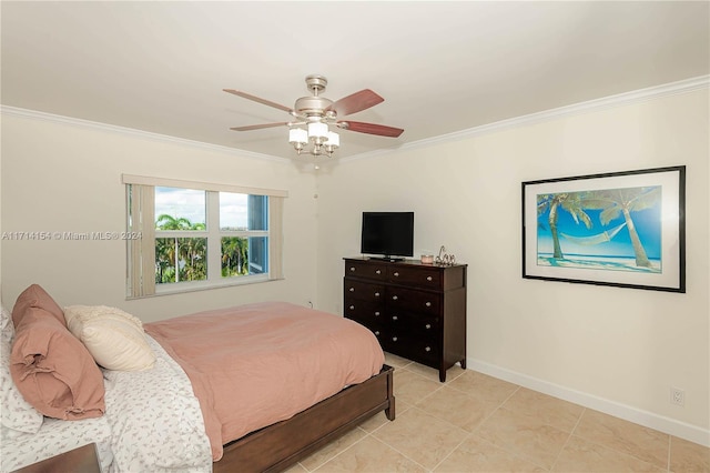 tiled bedroom with ceiling fan and crown molding