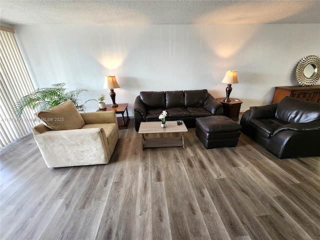 living area with a textured ceiling and wood finished floors