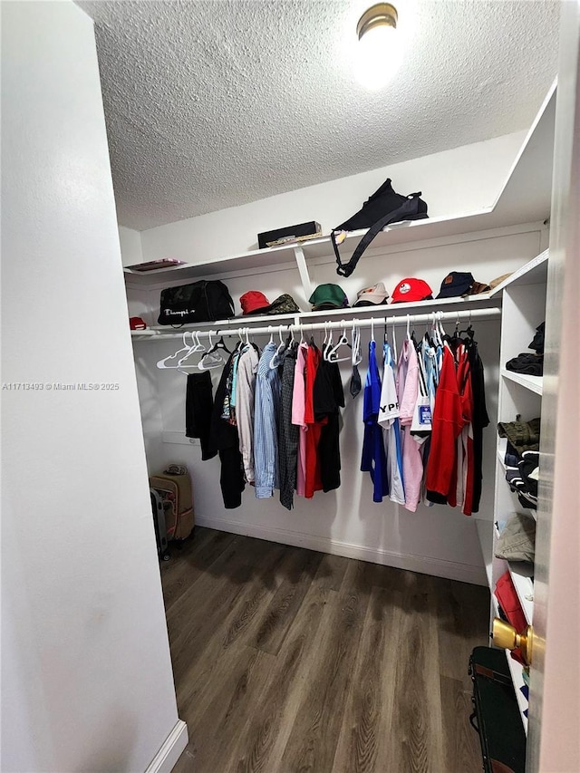 walk in closet with wood finished floors