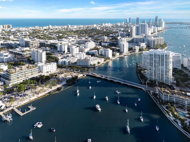 drone / aerial view featuring a water view