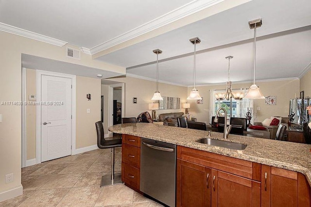 kitchen with light stone counters, crown molding, sink, dishwasher, and hanging light fixtures