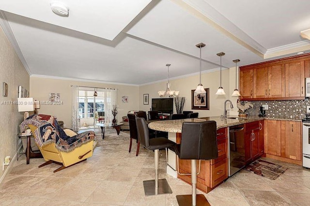 kitchen featuring white appliances, sink, crown molding, light stone counters, and a kitchen bar