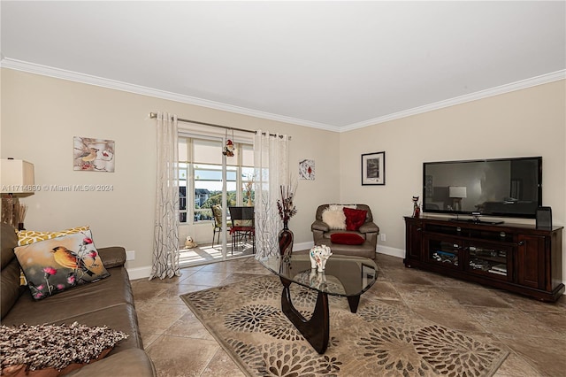 living room featuring crown molding