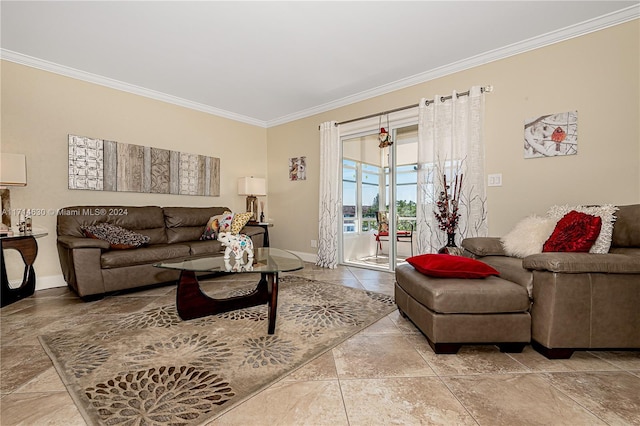 living room with crown molding