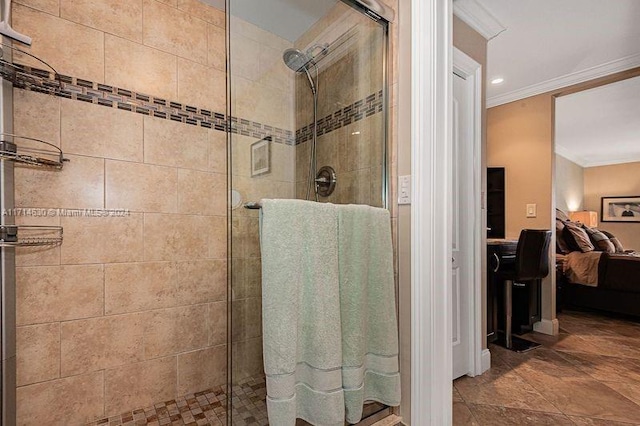 bathroom with crown molding and walk in shower