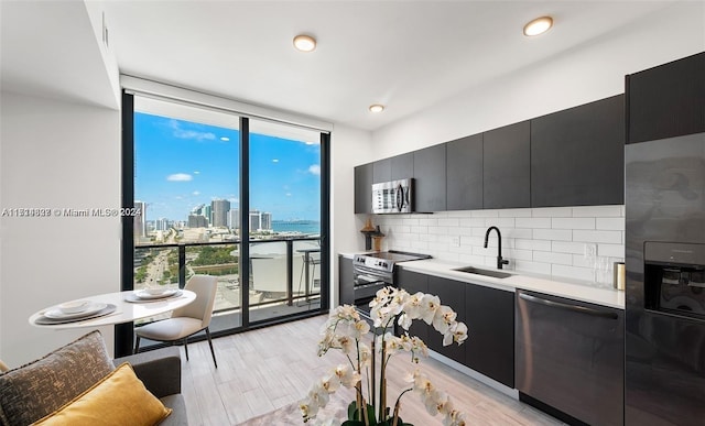 kitchen featuring backsplash, floor to ceiling windows, stainless steel appliances, sink, and light hardwood / wood-style floors