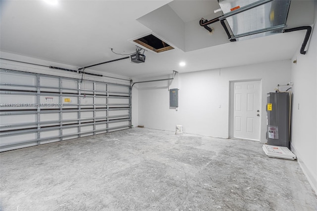 garage featuring electric panel, a garage door opener, and water heater