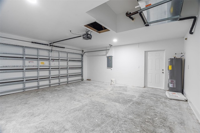 garage featuring water heater, a garage door opener, and electric panel