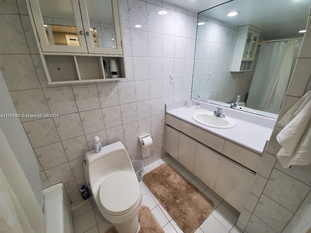 bathroom featuring sink, tile patterned flooring, toilet, tile walls, and a shower with shower curtain