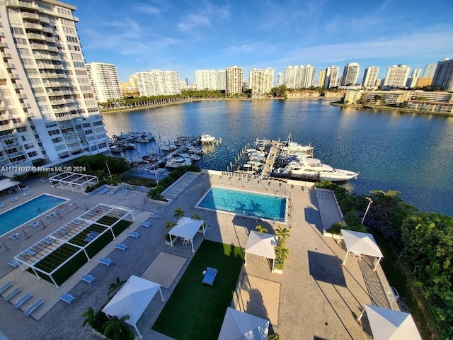 drone / aerial view featuring a water view