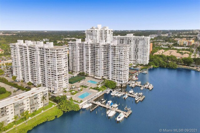 drone / aerial view with a water view