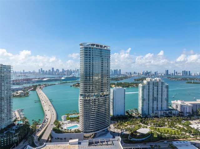 birds eye view of property featuring a water view