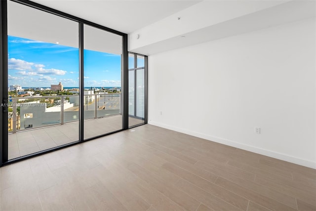 unfurnished room with floor to ceiling windows and light wood-type flooring