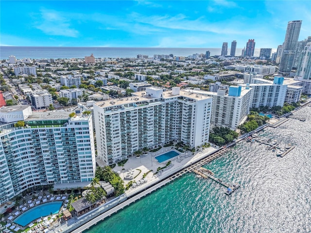 aerial view featuring a water view