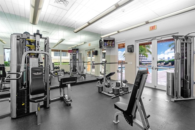 gym with french doors