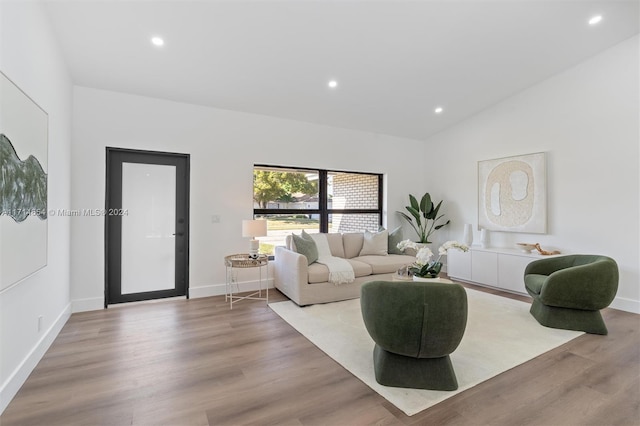 living room featuring light wood-type flooring and high vaulted ceiling