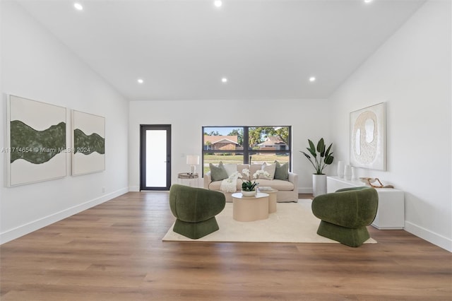 living room featuring high vaulted ceiling and hardwood / wood-style flooring