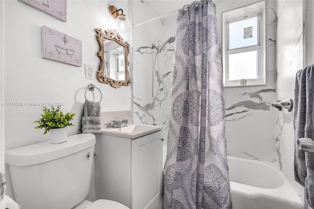 full bathroom with vanity, toilet, and shower / bath combo with shower curtain