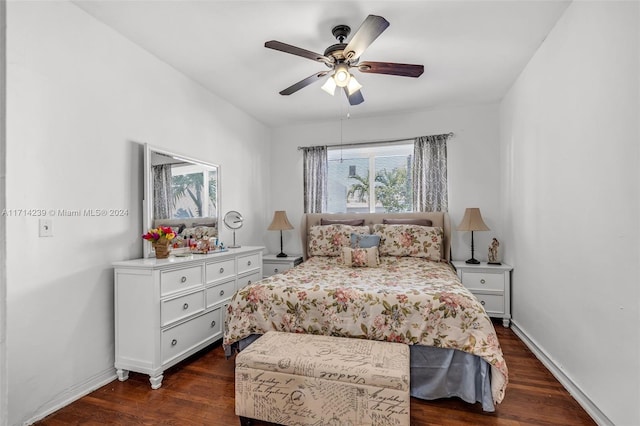 bedroom featuring ceiling fan and dark wood-type flooring