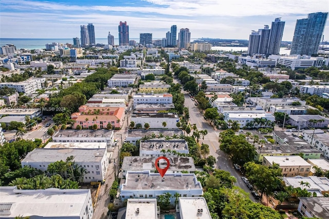 bird's eye view with a water view