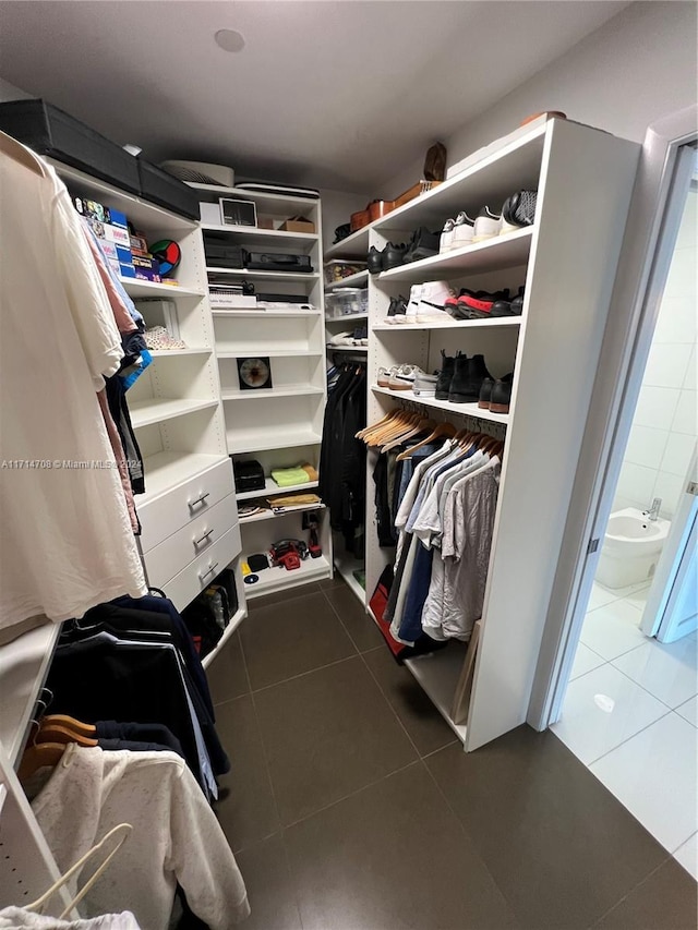 spacious closet with dark tile patterned floors