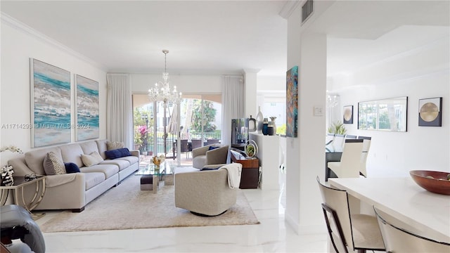 living room featuring ornamental molding and a notable chandelier