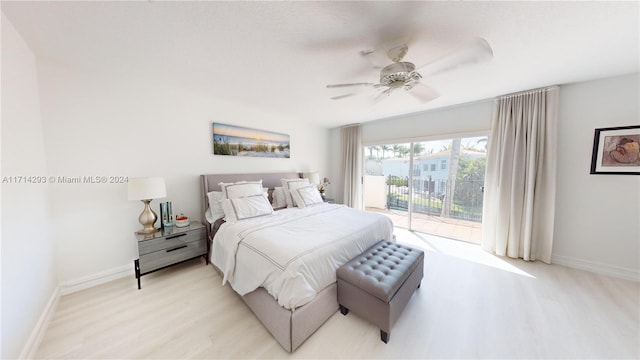 bedroom with access to exterior, ceiling fan, and light wood-type flooring