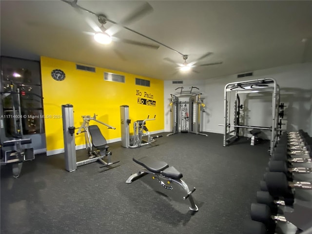 workout area featuring ceiling fan