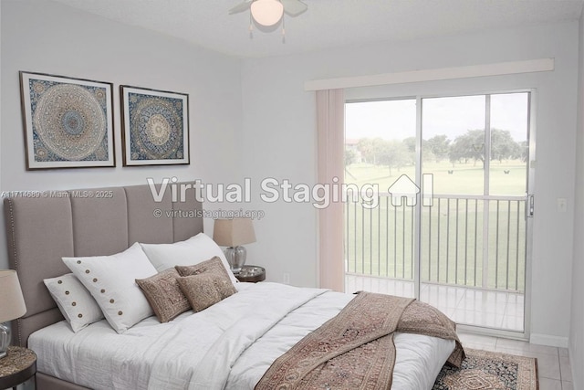 bedroom with tile patterned floors, ceiling fan, and access to exterior