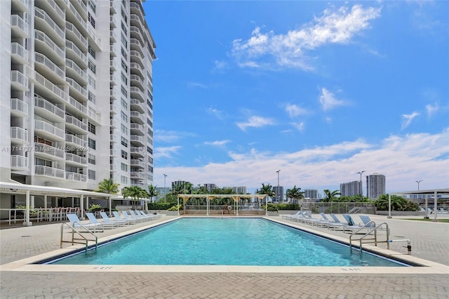 view of pool featuring a patio